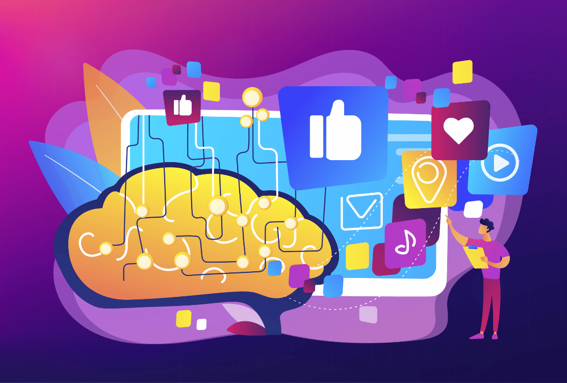 Illustration of a human brain connected to social media icons with circuits, representing AI-powered social media engagement.