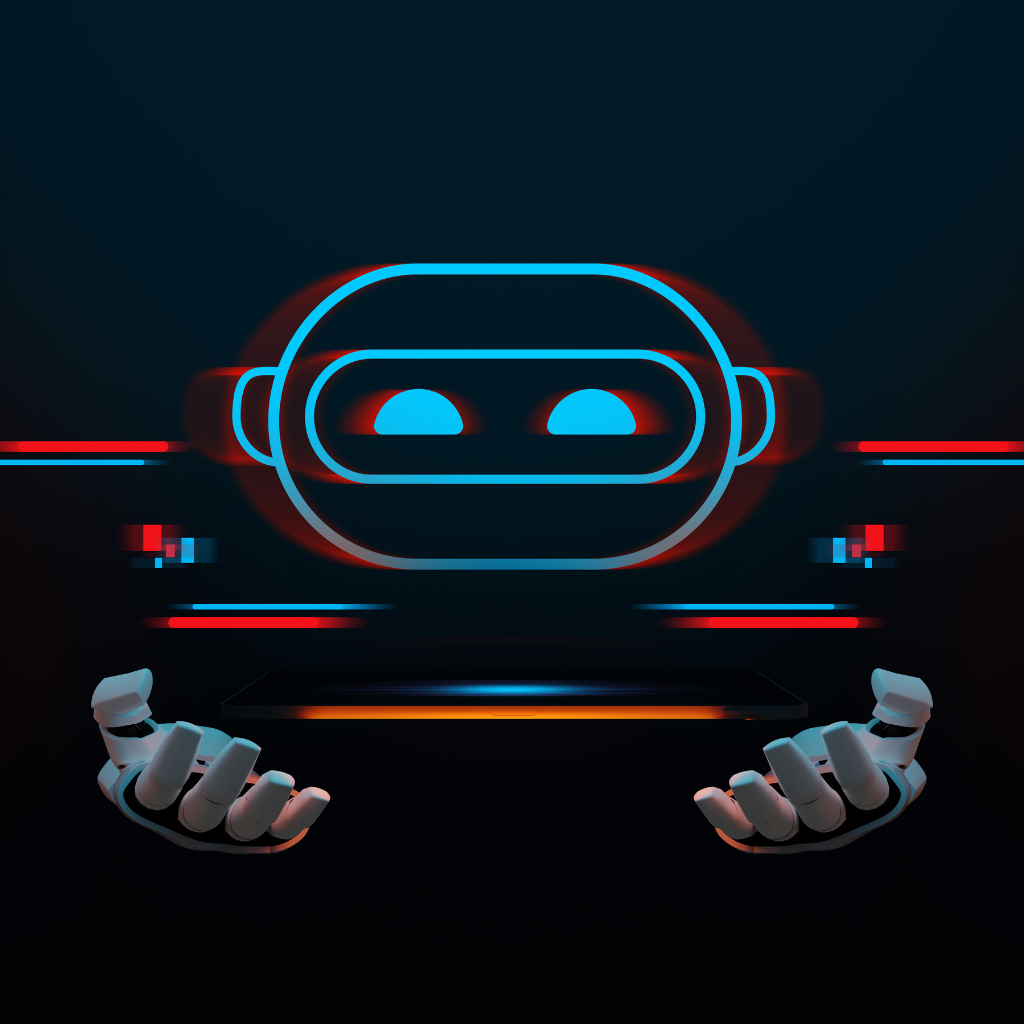 A stylized AI chatbot with a friendly face and open hands against a dark backdrop, highlighted with neon accents.