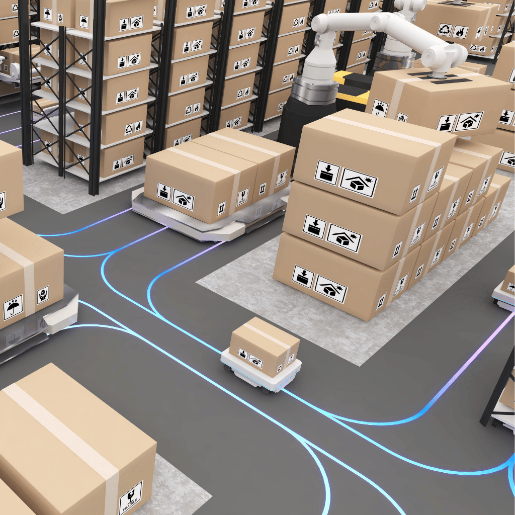 Autonomous robots navigating a warehouse floor with precision, transporting cardboard boxes along digitally mapped routes.