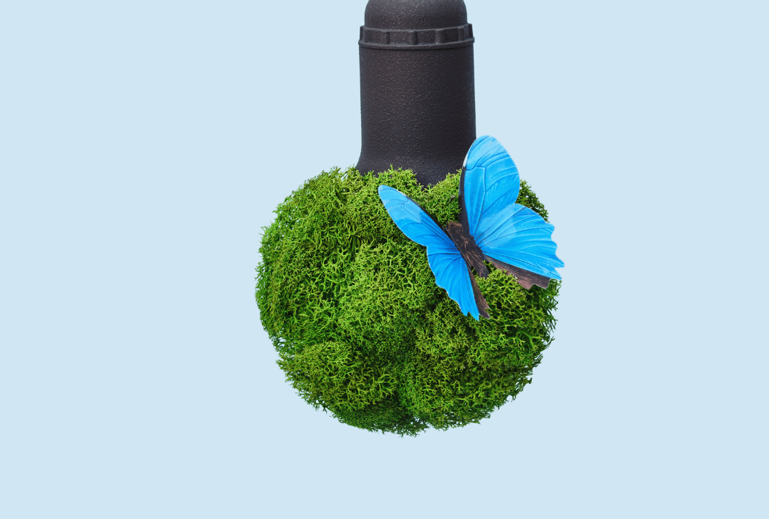 A lightbulb covered in vibrant green moss with a bright blue butterfly perched on it, set against a plain light blue background.