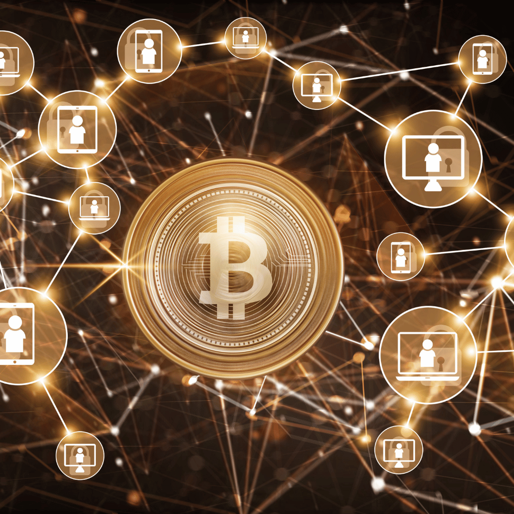 A golden Bitcoin surrounded by a network of connected user icons, symbolizing a decentralized blockchain network.