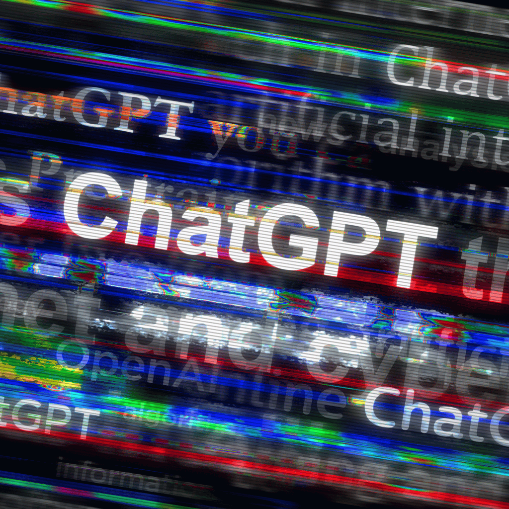 A digital screen displaying glitched and distorted text, with the words "ChatGPT" prominently visible, suggesting a theme of technological disruption or error.