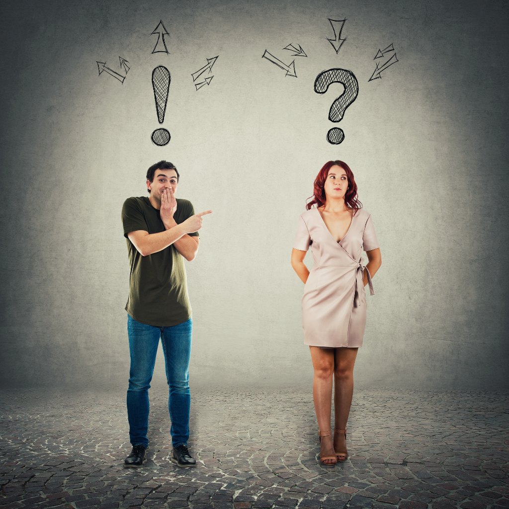 Two people stand apart, seemingly puzzled, with illustrated question marks and arrows above their heads, depicting the complexity of consumer decision-making.