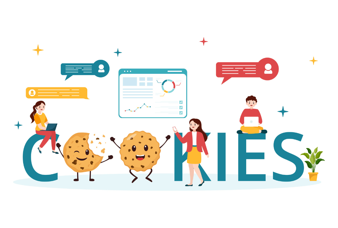 Cartoon illustration of animated cookies with human features, alongside people interacting with digital marketing elements like analytics dashboards and chat bubbles, over the word "COOKIES".