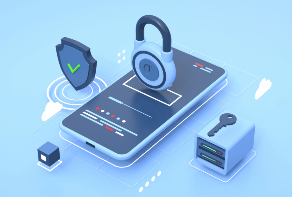 Isometric digital illustration depicting data security concepts with a shield icon, padlock on a smartphone, key, and secure server on a light blue background.