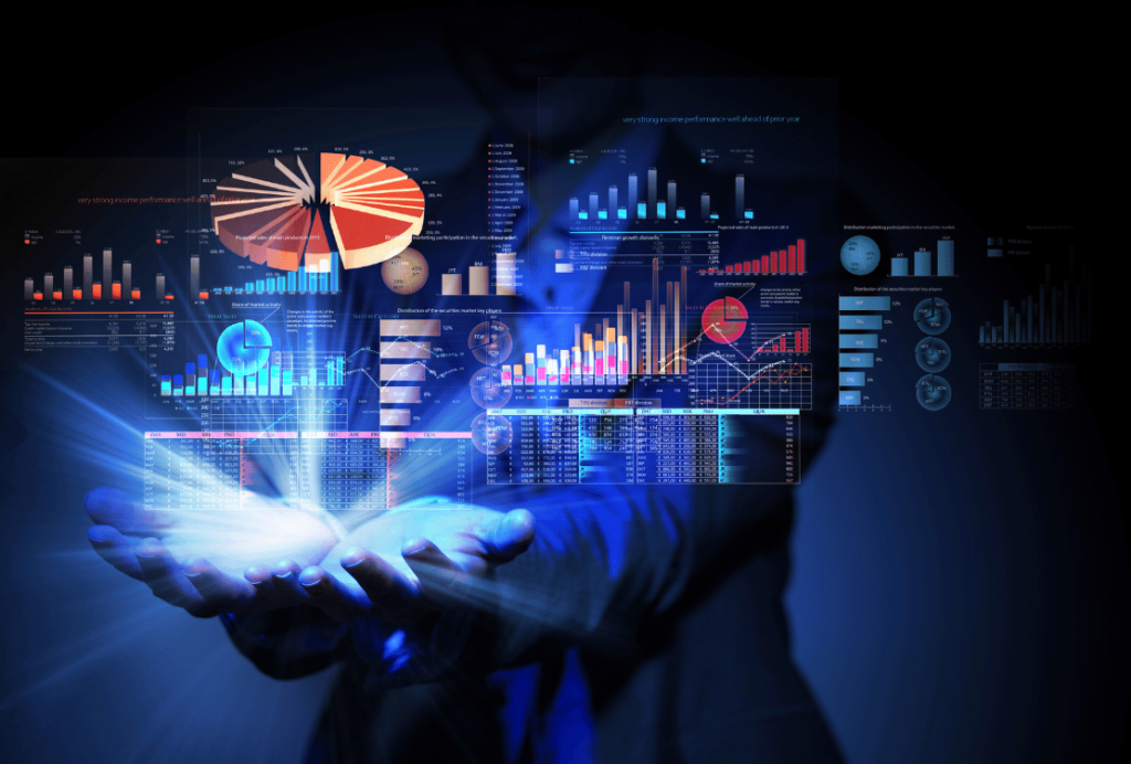 Person holding an array of holographic data visualizations and graphs, illustrating advanced analytics.