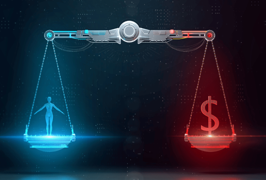 Futuristic scale balancing a holographic human figure and a dollar sign, symbolizing the balance between ethical considerations and profit in AI marketing.