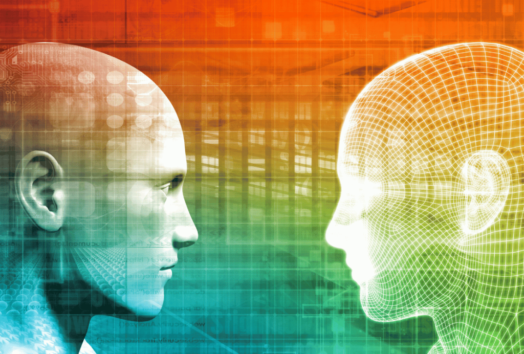 A side-by-side representation of a human head and a digital wireframe head, overlaid on a background of digital code, symbolizing the intersection of humanity and AI.