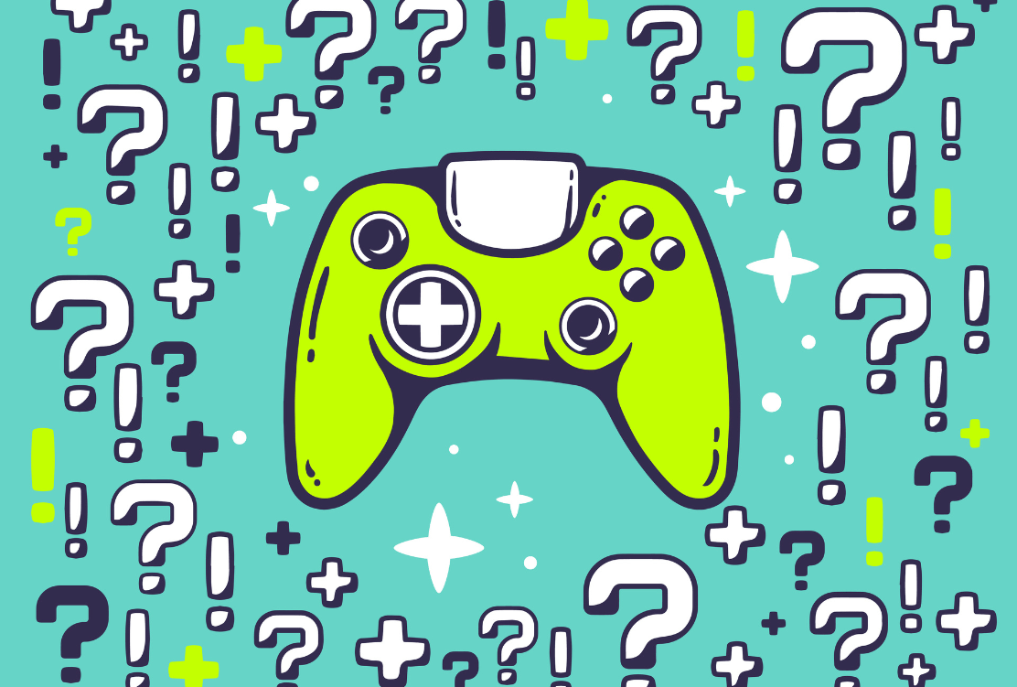 A bright lime green game controller with a question mark pattern surrounding it, symbolizing the concept of gamification in marketing.