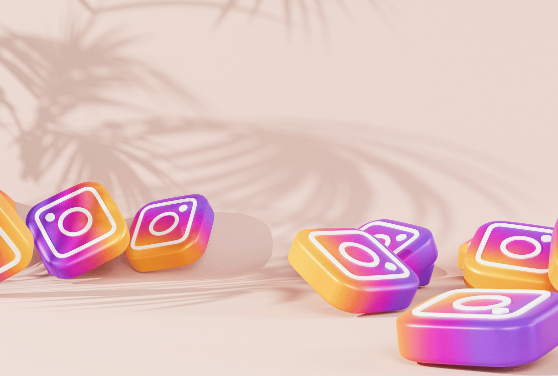 Stylized 3D Instagram logos in bright, gradient colors scattered on a soft, pastel background with palm shadow overlays.