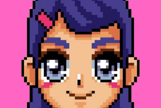 Pixel art portrait of a character with blue hair and large sparkling eyes on a pink background, resembling a digital collectible or NFT.