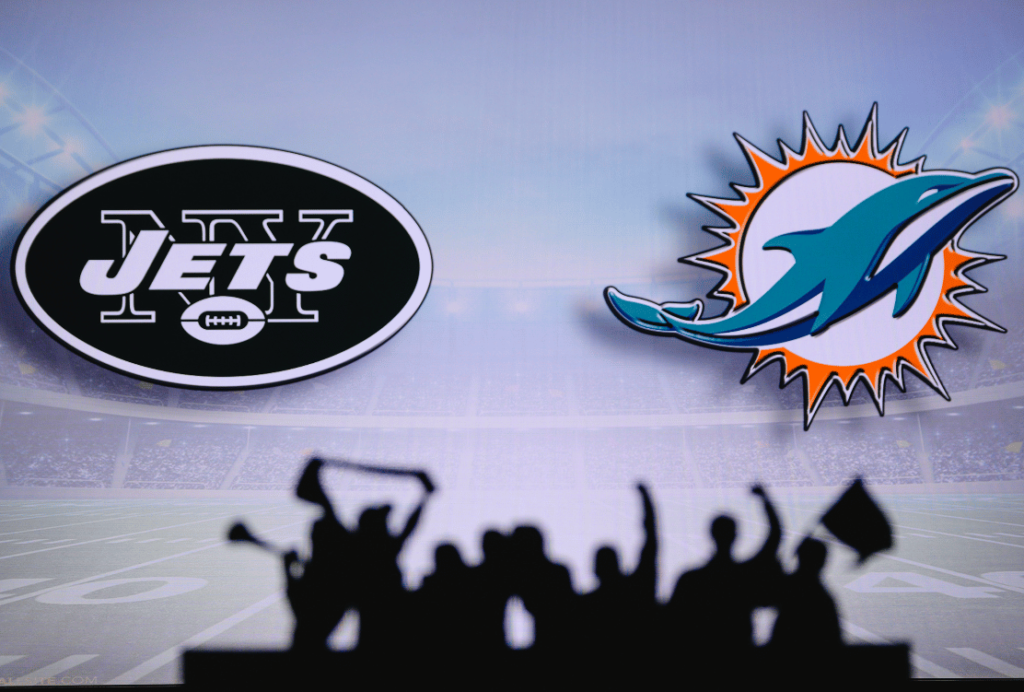 Logos of the New York Jets and the Miami Dolphins appear prominently against a backdrop of a hazy football stadium, with the silhouettes of cheering fans in the foreground.