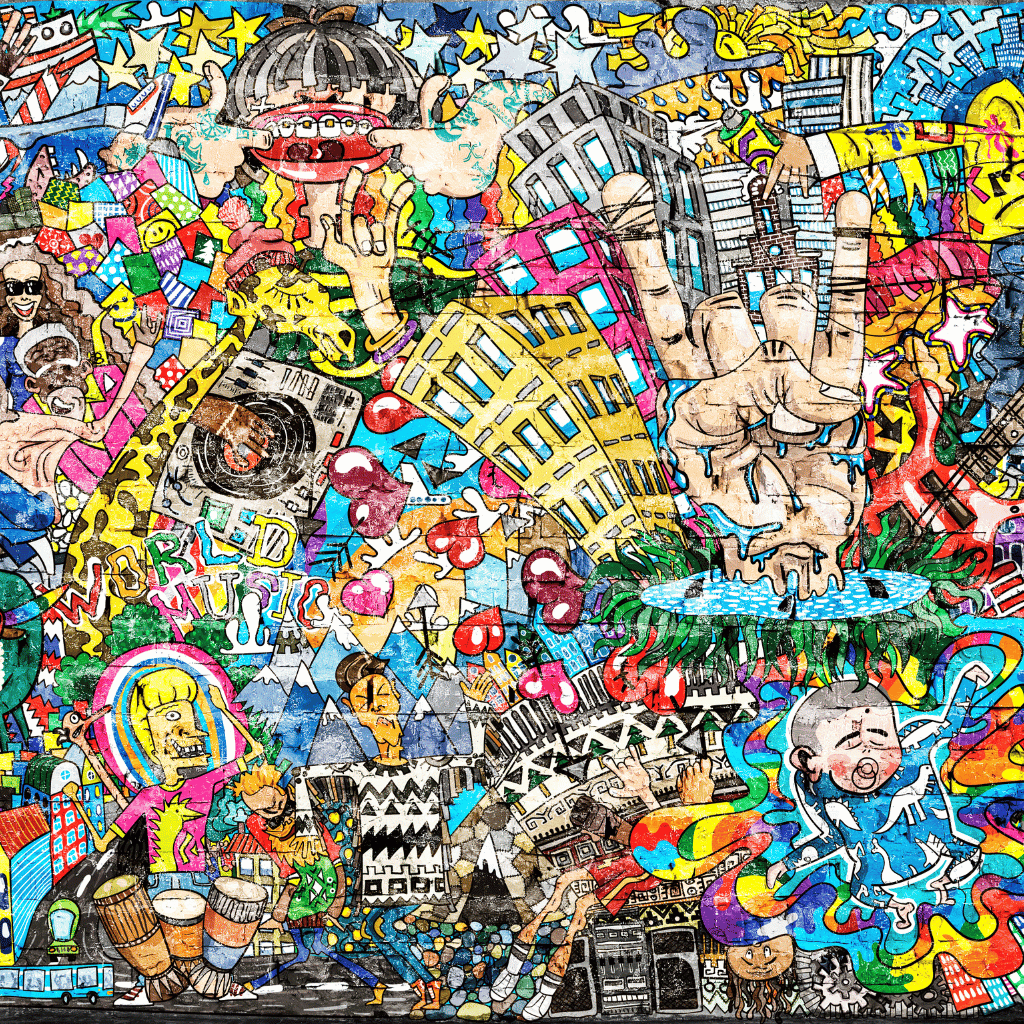 A vibrant and busy collage overflowing with cultural symbols, musical elements, and urban life. The image features cartoon-like drawings including a central figure holding a world with 'World Music' text, buildings, musical instruments, and various animated characters, all splashed with bright, graffiti-style colors.