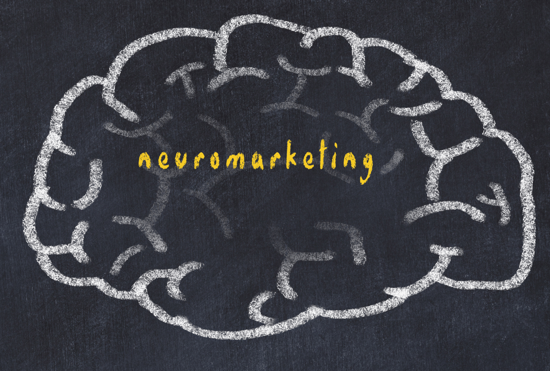 Chalk-drawn brain outline on a blackboard with the word "neuromarketing" written across in yellow.