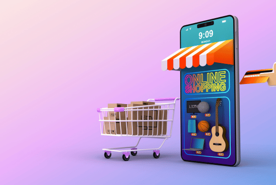 A 3D graphic of a smartphone with the words "Online Shopping" on the screen beside a shopping cart with packages, against a purple gradient background.