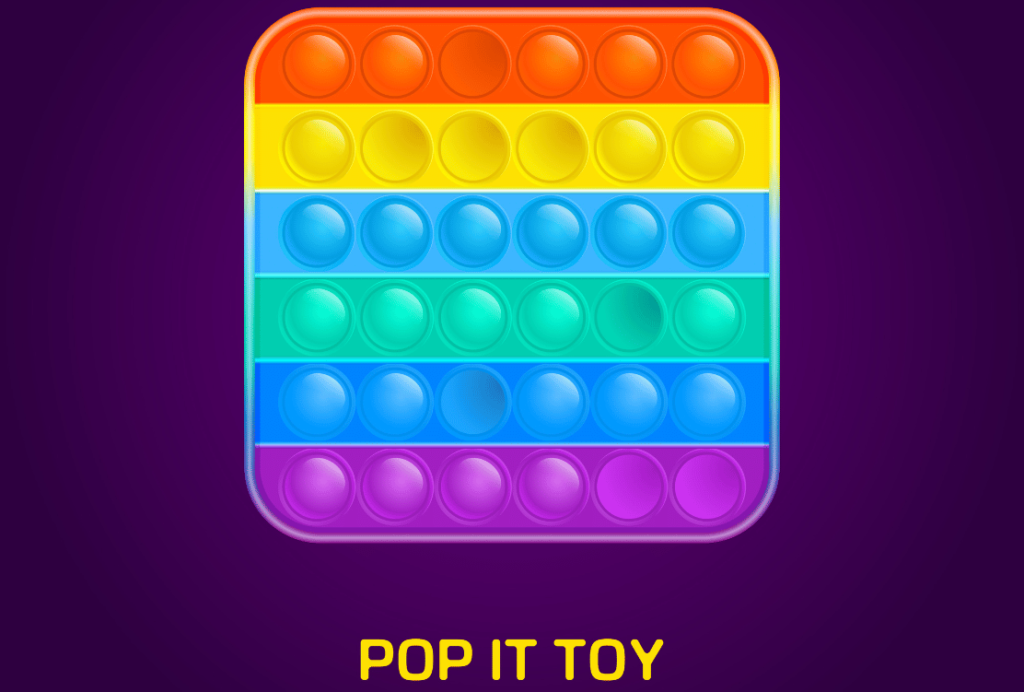 A vibrant, rainbow-colored pop it fidget toy displayed against a purple background, with the text "POP IT TOY" at the bottom.