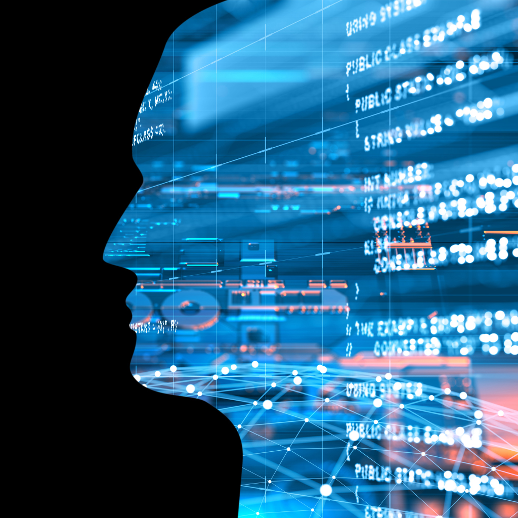 Silhouette of a human head overlaid with digital data streams and code, symbolizing the analysis of big data for predictive analytics.