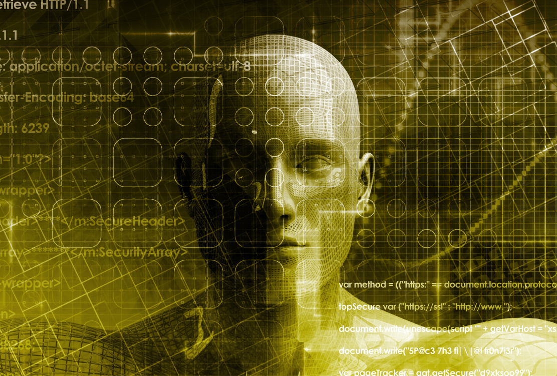 A digital human face overlaid with data and programming code, symbolizing the integration of predictive analytics in marketing.