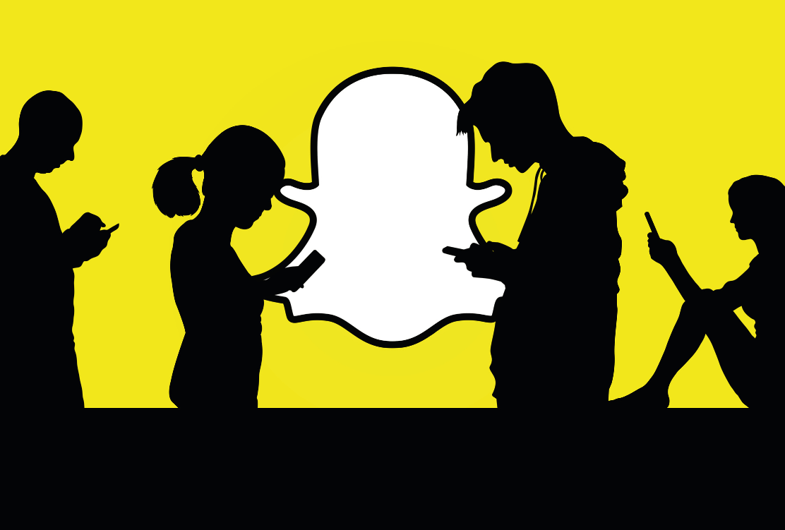 Silhouettes of diverse people of varying ages engrossed in their smartphones with a large Snapchat logo in the background, signifying widespread engagement across demographics on the platform.