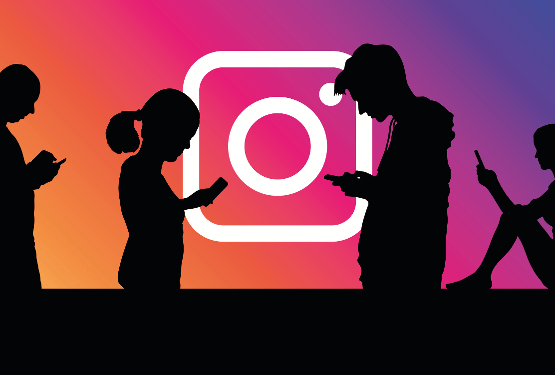 Silhouetted figures engrossed in their mobile phones with the iconic Instagram logo in the background, set against a vibrant gradient.