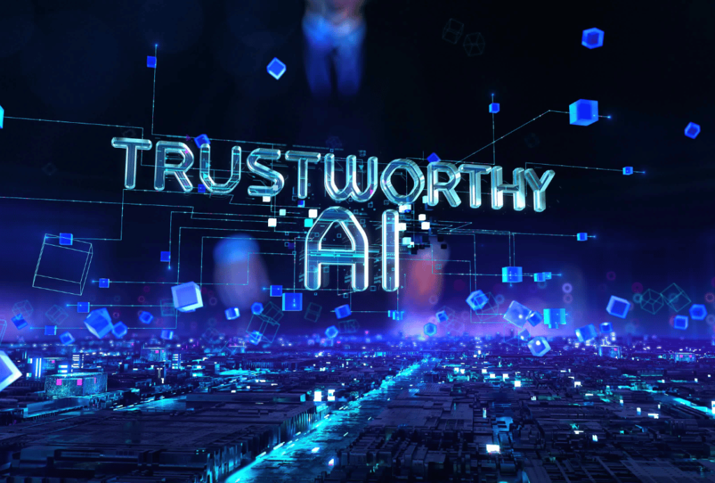 Neon 'TRUSTWORTHY AI' text floating above a digital cityscape, with geometric shapes scattered throughout, symbolizing a network of reliable AI.