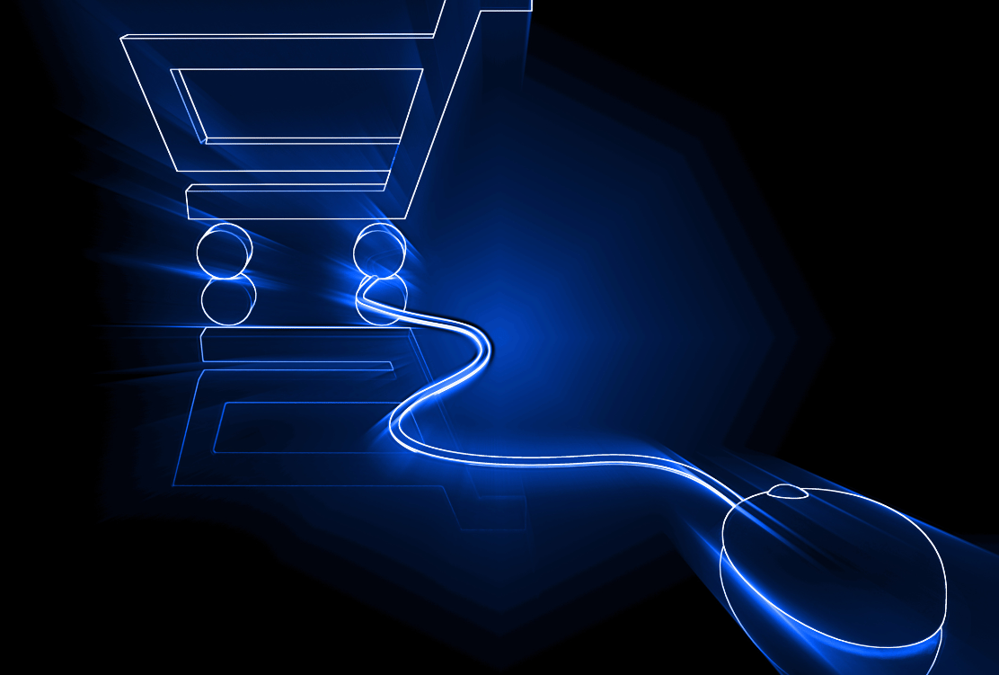 Neon blue outlines against a black background, depicting a computer mouse connected to a stylized shopping cart, symbolizing e-commerce driven by digital technology.