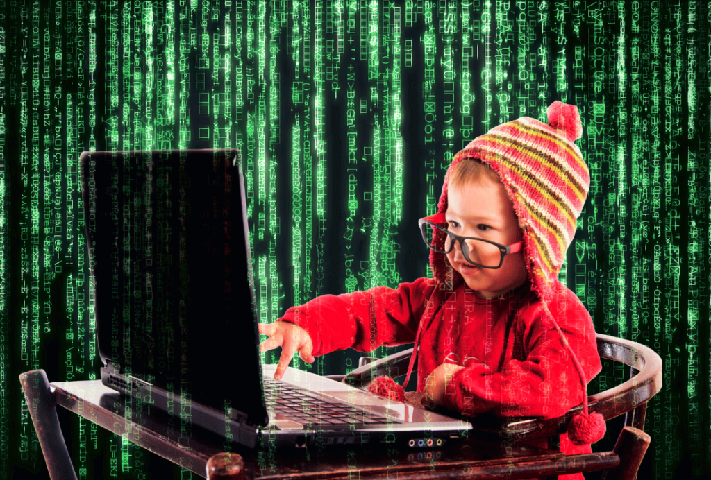 A young child with glasses and a colorful knit hat interacts with a laptop in front of a backdrop of glowing green digital code.