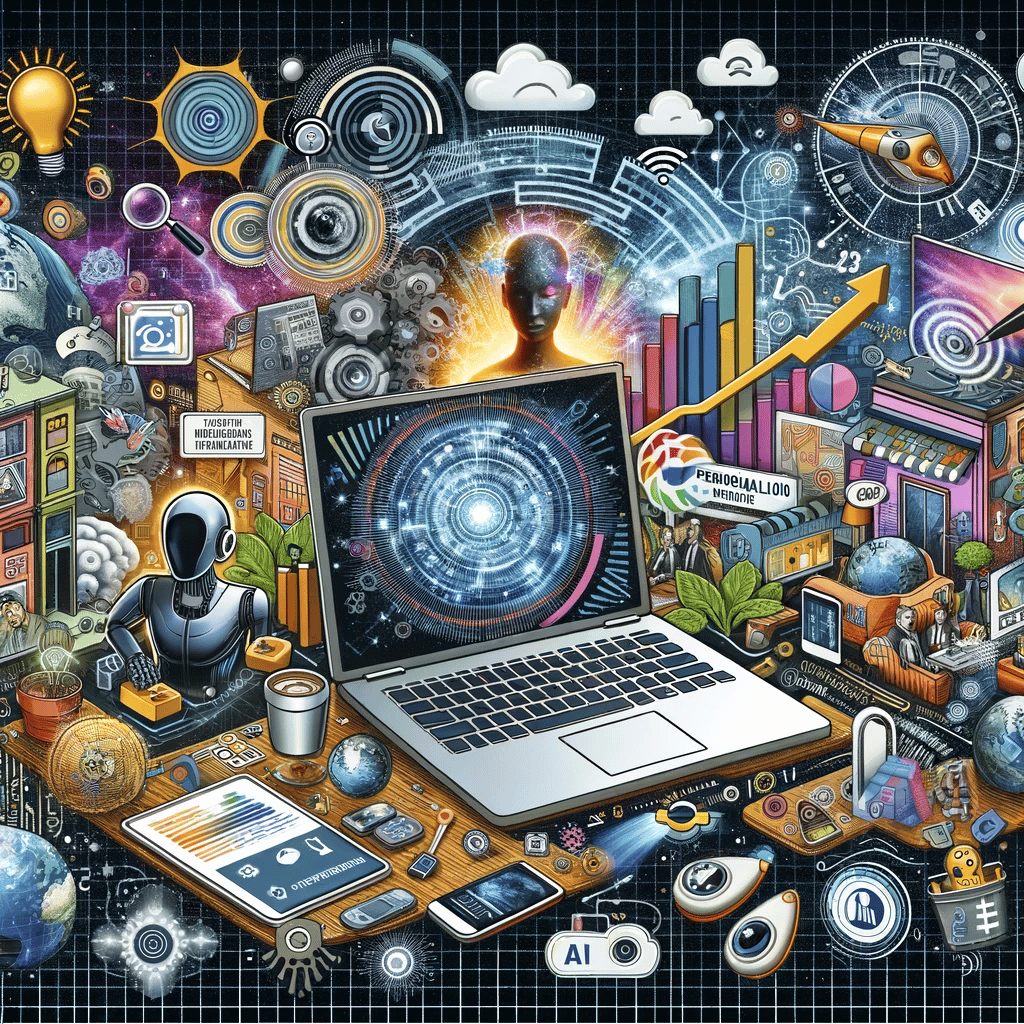 Collage depicting digital trends of 2023, including AI, VR, and personalized marketing in a dynamic setting.