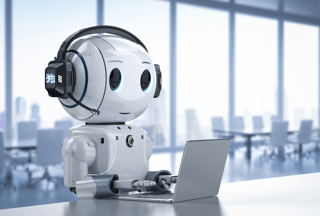 A humanoid robot wearing a headset in front of a laptop, symbolizing AI-powered customer service.