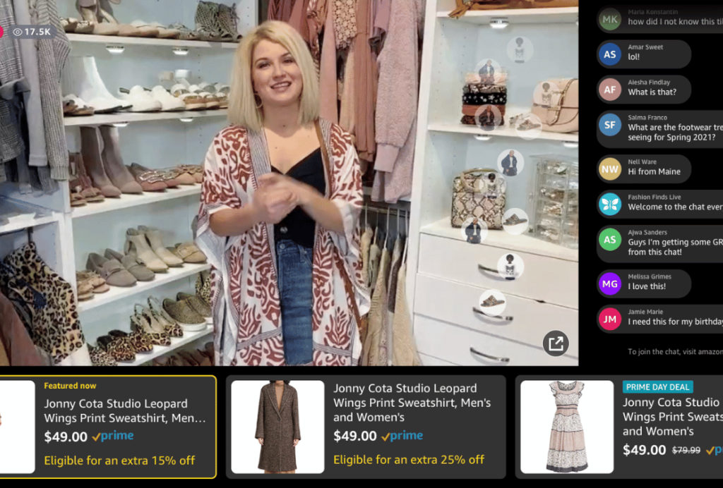 A woman presenting clothing items on a live shopping stream with product details and chat interactions displayed.