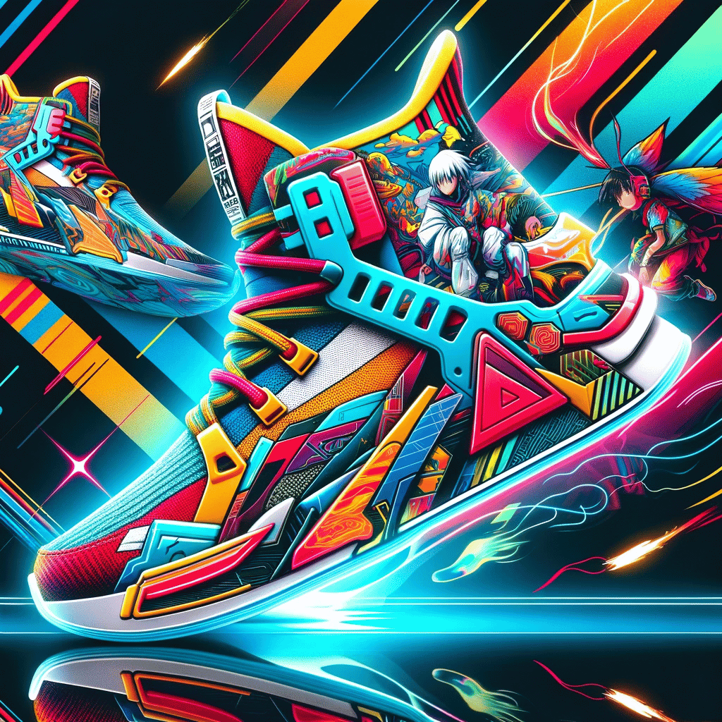 Colorful and futuristic anime-themed sneaker with bold graphics.