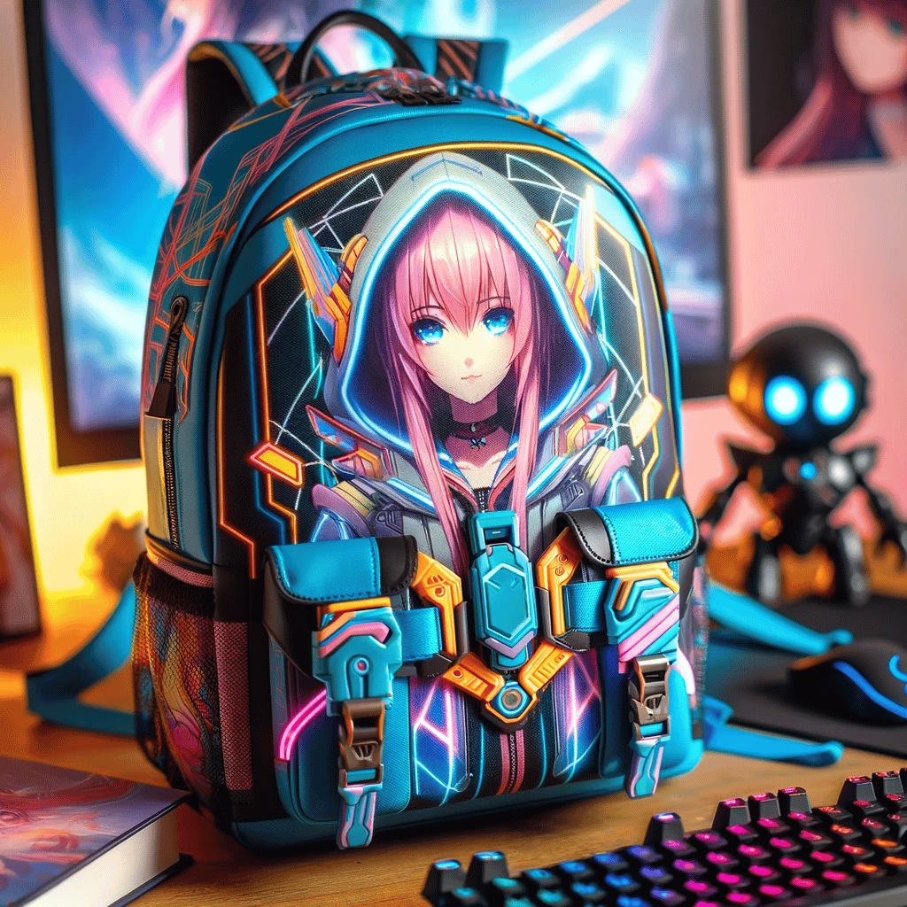 A vibrant and stylish anime-themed backpack with futuristic elements.