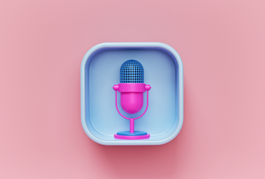 A vibrant pink microphone centered in a pastel blue speech bubble against a soft pink background.