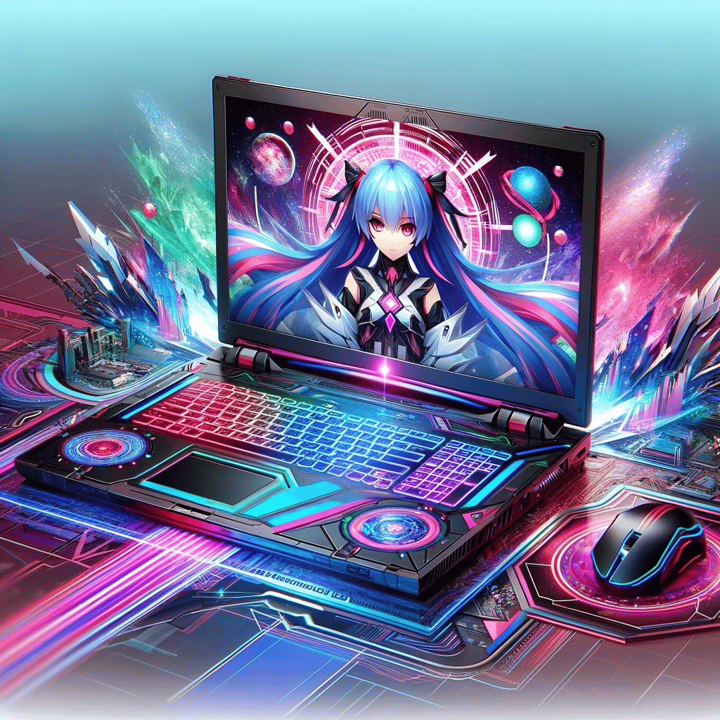 A futuristic laptop with vibrant anime-themed designs and digital effects surrounding it.