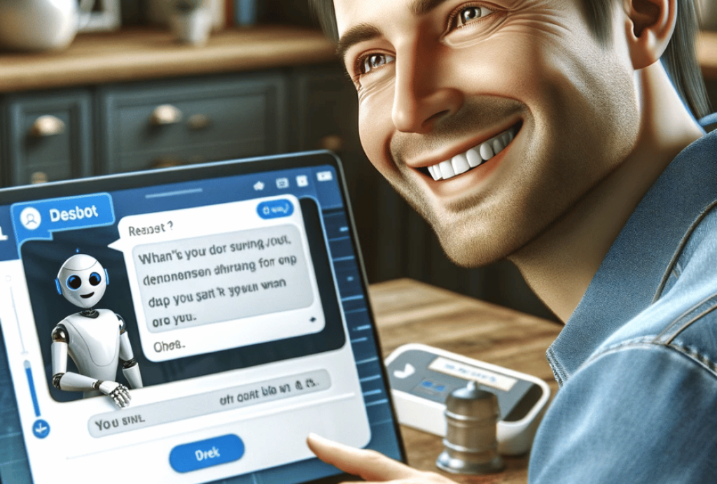 A person smiling while interacting with a chatbot on their laptop, displaying a friendly and helpful conversation on the screen.