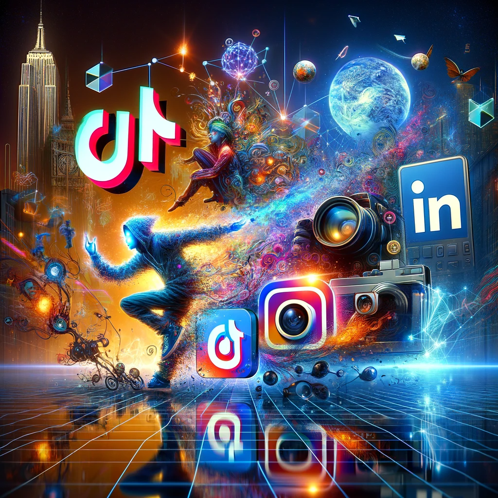 A kaleidoscope of social media symbols represents TikTok, Instagram, Facebook, and LinkedIn in a futuristic cityscape, symbolizing the digital era of content creation.