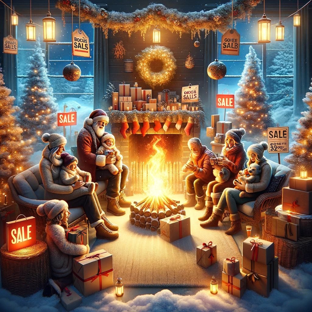 A cozy winter scene of a family gathered by a fireplace, surrounded by holiday decorations and sale signs, illustrating the joy of Boxing Week deals.