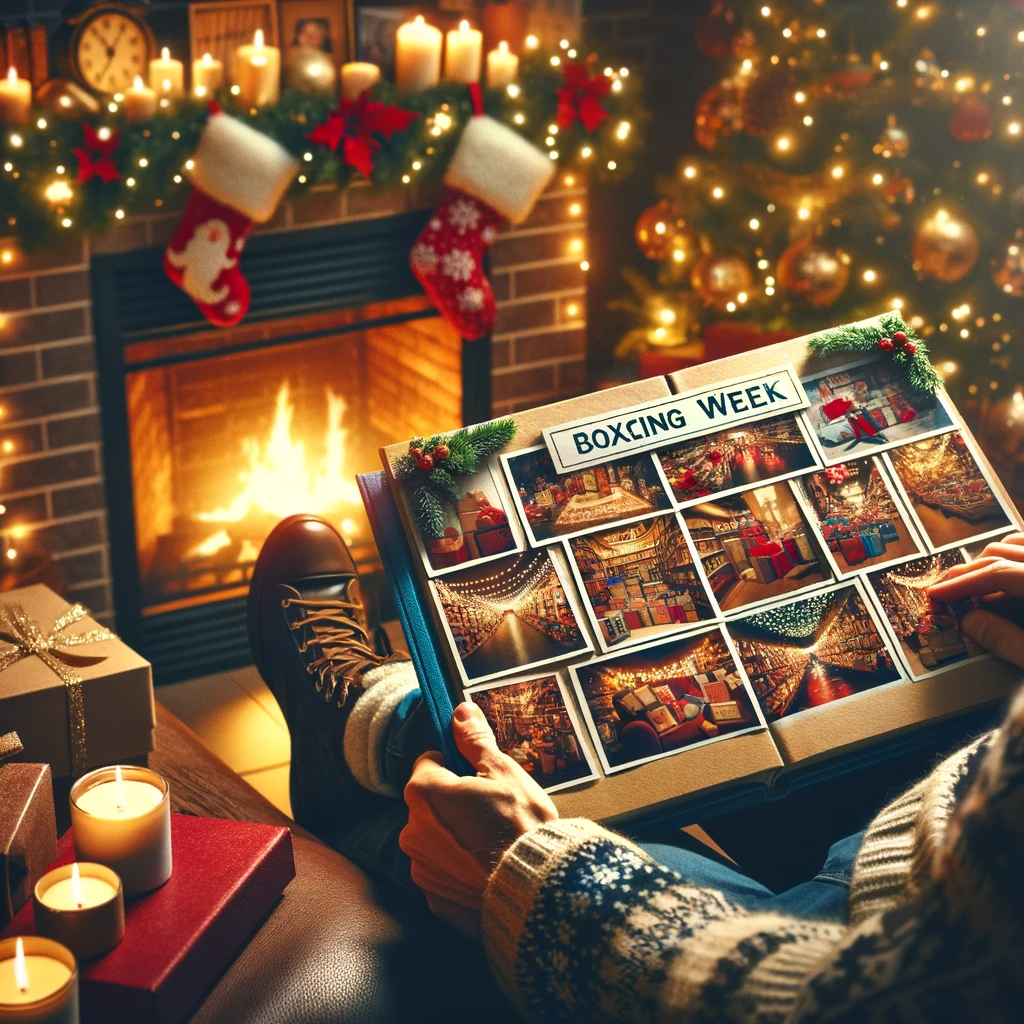 A person cozily seated by a festively decorated fireplace, flipping through a photo album labeled "Boxing Week" filled with vibrant shopping scenes.