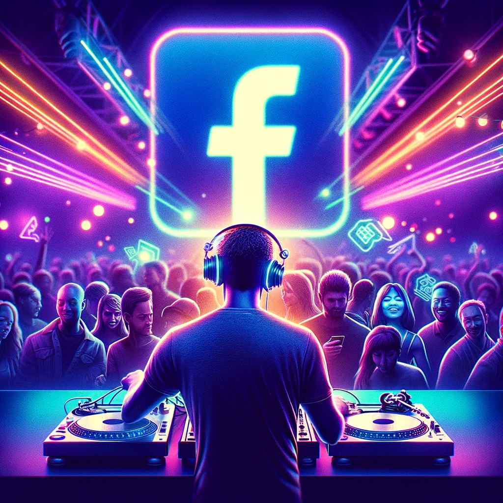 A DJ at a club controls the turntable with the Facebook logo illuminating the dance floor as a diverse crowd dances to the rhythm.