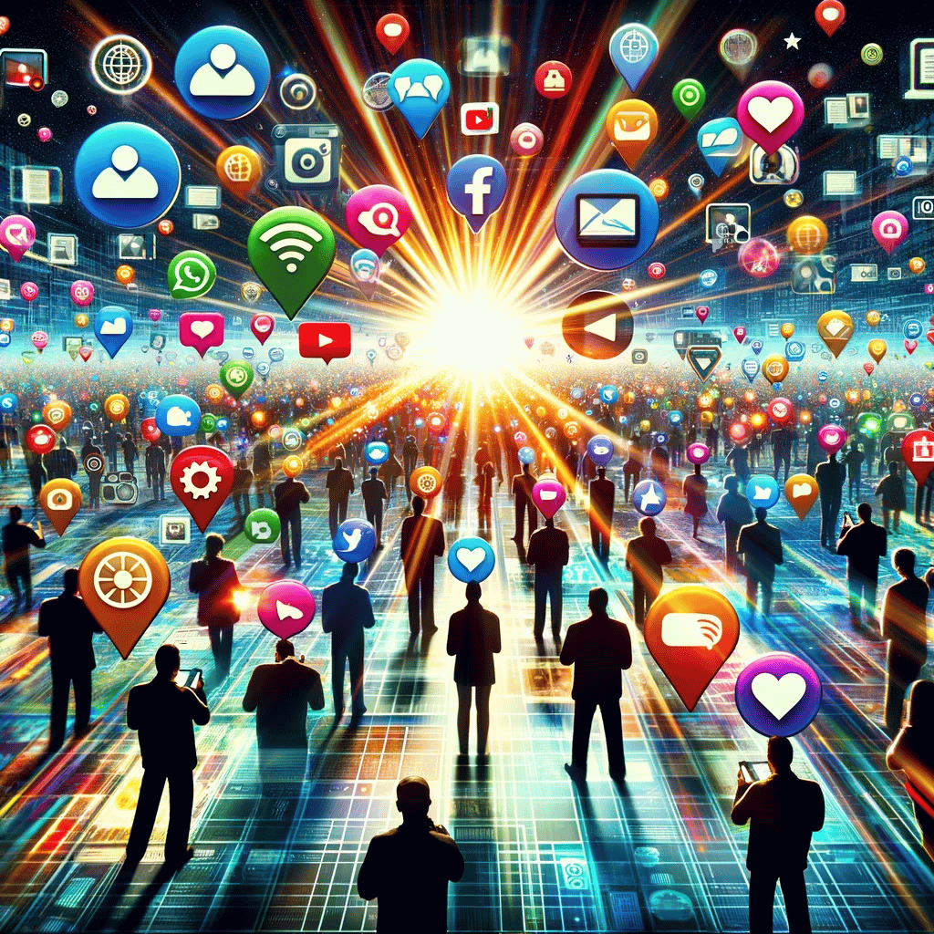 A vibrant digital marketplace teeming with social media and news icons, drawing the attention of people silhouetted against a luminous cyberspace backdrop.