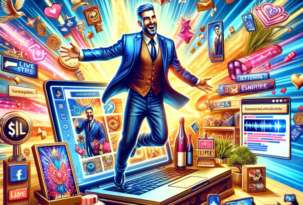 Energetic host presenting products during a live stream sale with a lively chat feed displaying viewer reactions and comments.