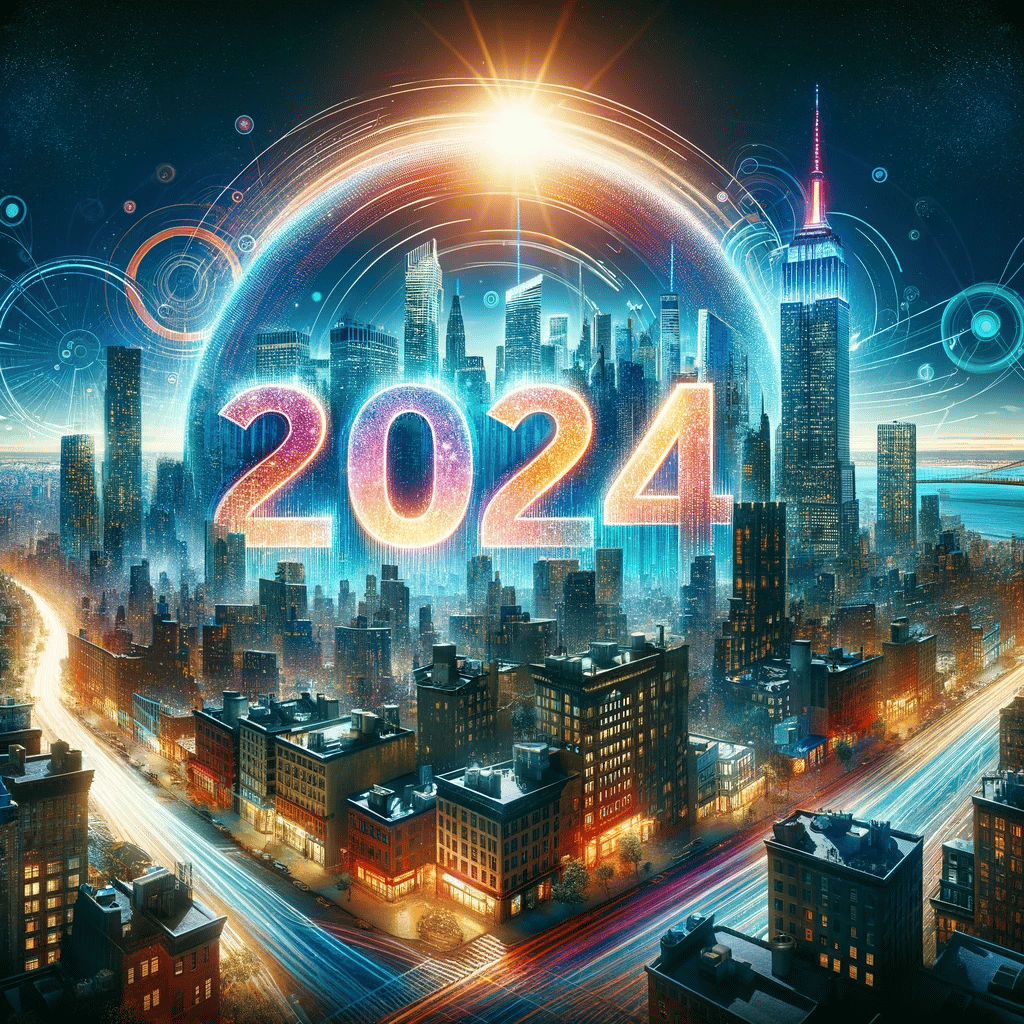 New York City skyline with '2024' and 'Brand' integrated, symbolizing the future of branding.