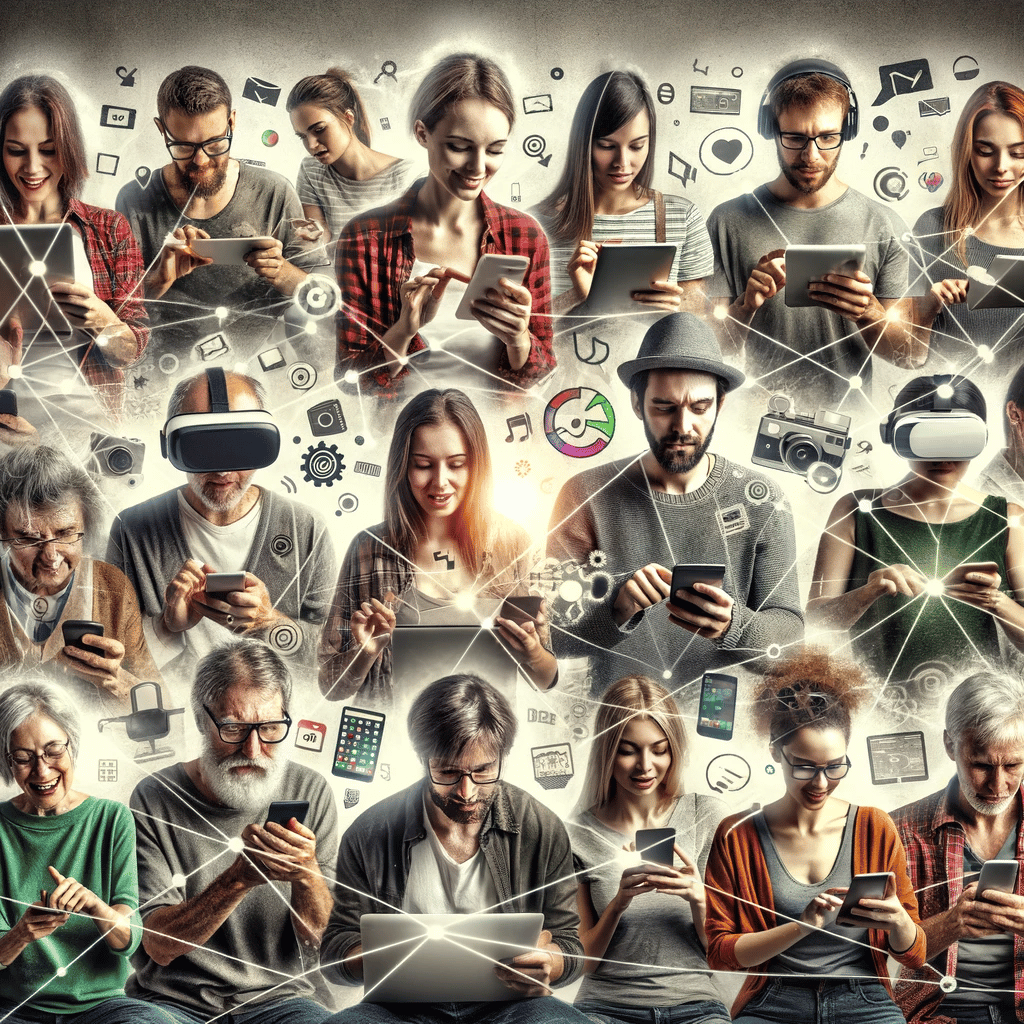 A diverse group of people engrossed in their personal devices, connected by digital lines, illustrating the multi-platform nature of modern media consumption.