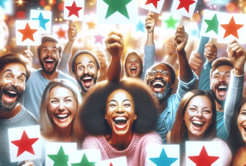 A lively group of diverse people enthusiastically showing their thumbs up in a collage of images, symbolizing positive reviews and satisfaction.