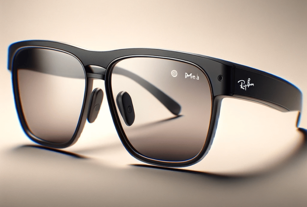 A close-up view of innovative wearable smart glasses featuring the Meta logo on the left arm and the Ray-Ban logo on the right, showcasing a sleek design with integrated technology.