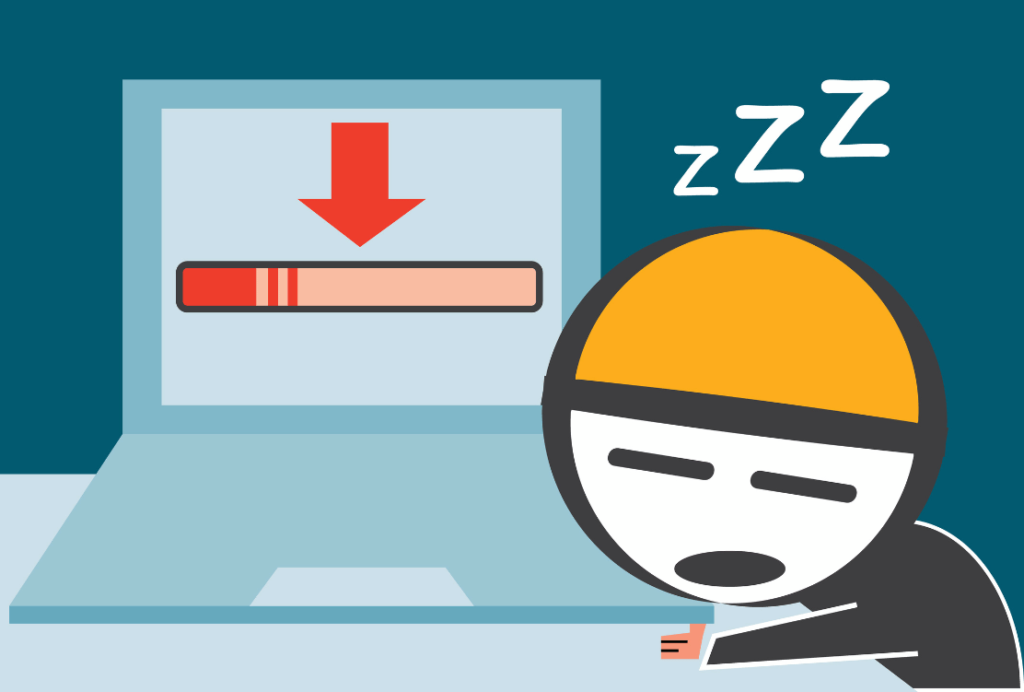 Animated graphic of a figure with a hard hat, symbolizing a construction worker, dozing off in front of a computer screen with a slow download progress bar.