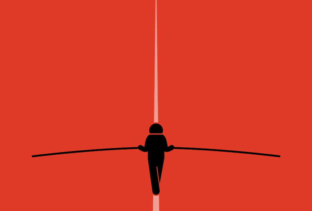 A simplified graphic of a tightrope walker balanced on a wire against a solid red background.