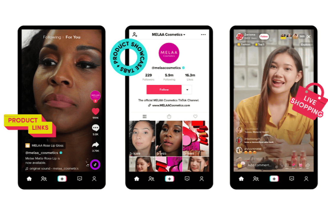 Screenshots of TikTok interface showcasing live shopping features, including product links and live shopping tags.