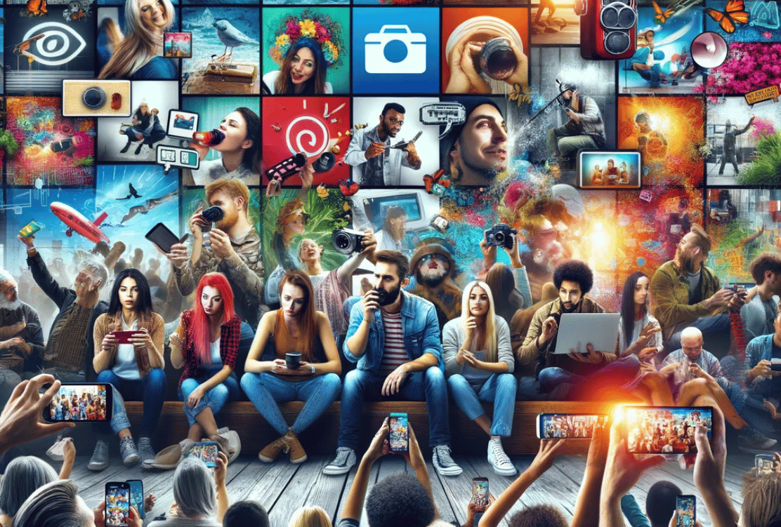 Diverse group of people engaging with branded content on various devices, contributing to a colorful mosaic of user-generated media.