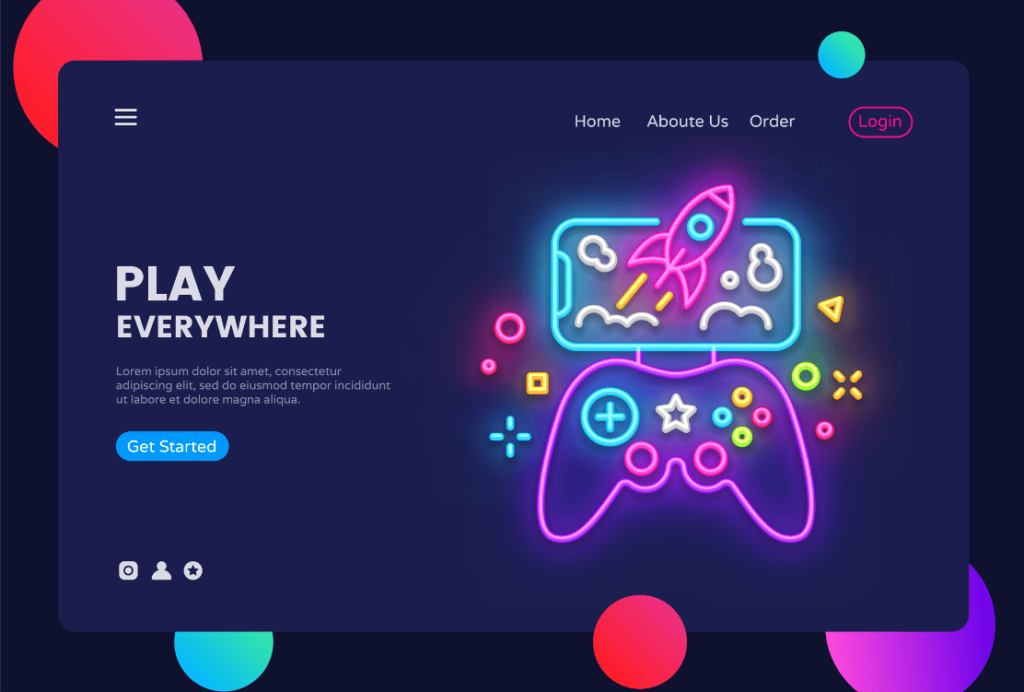 Colorful neon illustration of a gaming controller and rocket on a website homepage with the heading 'PLAY EVERYWHERE'.